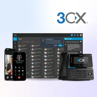 3CX - Ein Bildschirm zeigt eine Konferenzanwendung mit mehreren Teilnehmern und Steuerelementen.